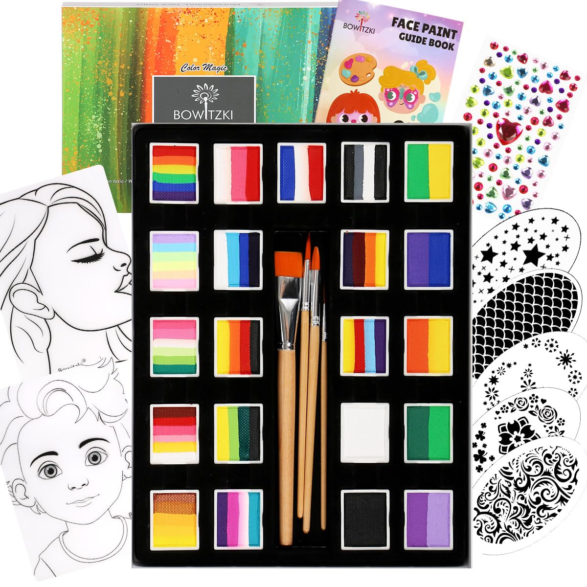 Bowitzki 21 Color Split Cake Face Paint Set Professional Face Painting Kit Kids Adults 10g One Stroke Stencil Brush Practice Board Guide Book Non Toxic Rainbow Body Makeup Halloween Christmas Easter