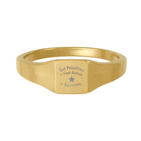 Gold Stainless Steel Square Ring — Engraved “Set priorities + fast action= Success ”